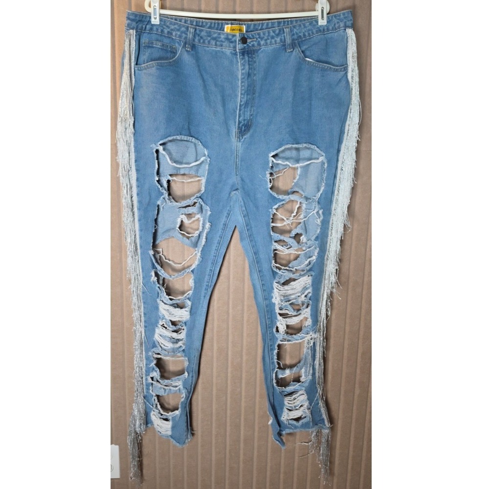 Highlight 100% Cotton Distressed Fringed One Of A Kind Blue Jeans 2XL